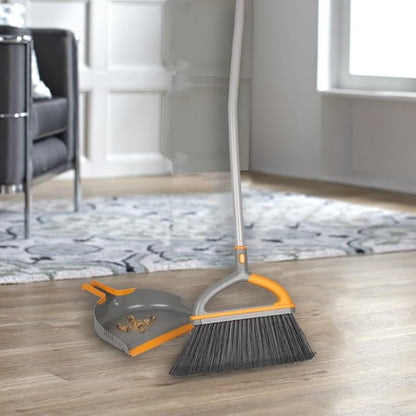 Casabella Ergo Broom & Dustpan Set Angled Broom with Replaceable Bristle Head & Hang Loop, 54-Inch, Gray
