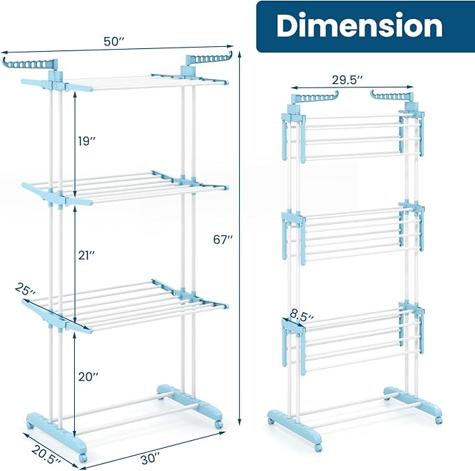 Giantex Foldable Clothes Drying Rack, Oversized 4-Tier Collapsible Laundry Rack w/ 3 Retractable Trays, Hanger Holders, Moveable Laundry Garment Dryer Stand w/Wheels for Indoor Outdoor Use, Blue