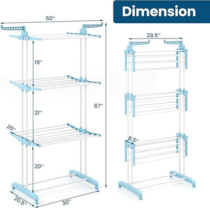 Giantex Foldable Clothes Drying Rack, Oversized 4-Tier Collapsible Laundry Rack w/ 3 Retractable Trays, Hanger Holders, Moveable Laundry Garment Dryer Stand w/Wheels for Indoor Outdoor Use, Blue