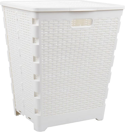 Mind Reader 61L Foldable Laundry Hamper, Clothes Basket, Lid, Wicker Design, Plastic, 18"L x 14.5"W x 21.25"H, White