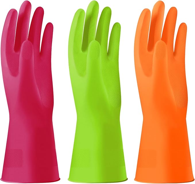 Alimat PluS 3 Pack Reusable Cleaning Gloves Latex Free, Dishwashing Rubber Gloves for Cleaning, Waterproof Household Gloves for Laundry, Gardening (Large, Without Liner)
