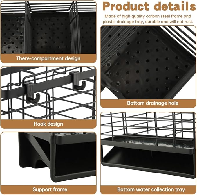 3-Compartment Dish Drying Rack for Kitchen, Carbon Steel Utensil Holder with Drain Tray, Utensil Caddy Organizer for Knives, Forks, Spoons, Chopsticks, Wall Mount or Countertop(COLOR:Black)