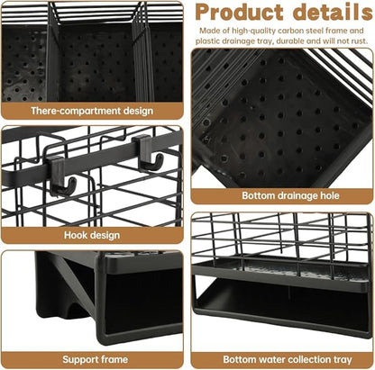 3-Compartment Dish Drying Rack for Kitchen, Carbon Steel Utensil Holder with Drain Tray, Utensil Caddy Organizer for Knives, Forks, Spoons, Chopsticks, Wall Mount or Countertop(COLOR:Black)