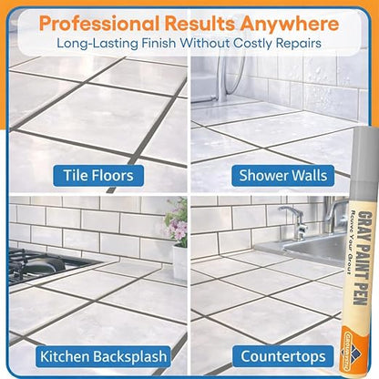 Gray Grout Paint Pen Tile Grout Colorant & Sealer Marker, Quick-Dry, Ideal for Bathroom, Shower, Kitchen Tiles Restores Grout Lines, 3 Adjustable Tips (2-3 mm) 2 Pack