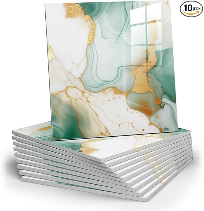 Chejiaye 10pcs Marble Peel and Stick Backsplash Waterproof Washroom Wall Panels, Peel and Stick Tile, PVC Foam Wall Panels for Kitchen,Bathroom,Living Room,Green and Gold(Not Real Tile,11.8" x 11.8")