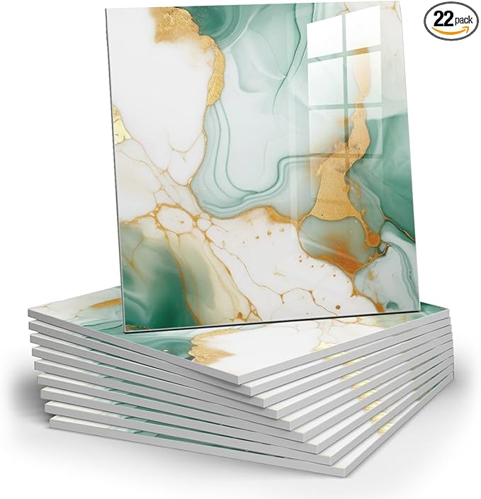 Chejiaye 22pcs Marble Peel and Stick Backsplash Waterproof Washroom Wall Panels, Peel and Stick Tile, PVC Foam Wall Panels for Kitchen,Bathroom,Living Room,Green and Gold(Not Real Tile,11.8" x 11.8")