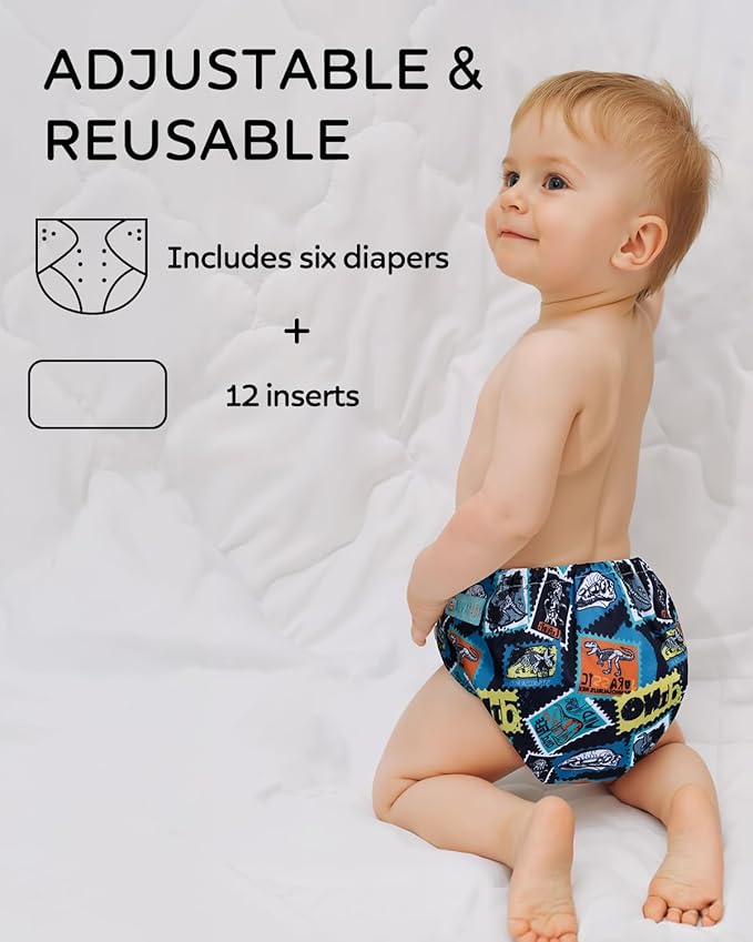 ALVABABY Baby Cloth Diaper 6 Pack with 12 Inserts One Size Cloth Diaper Covers Adjustable Washable Reusable for Baby Girls and Boys