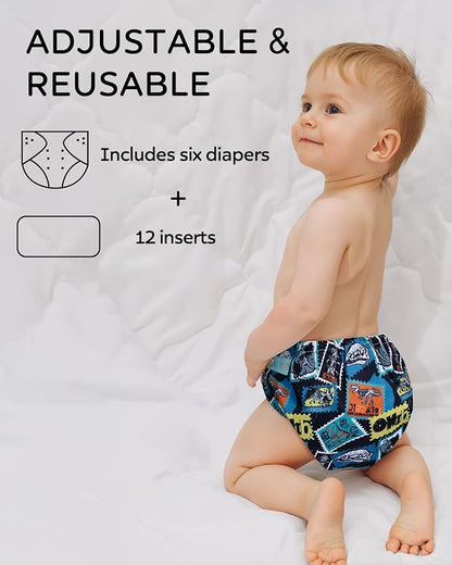 ALVABABY Baby Cloth Diaper 6 Pack with 12 Inserts One Size Cloth Diaper Covers Adjustable Washable Reusable for Baby Girls and Boys