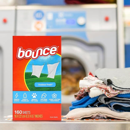 Bounce Dryer Sheets Laundry Fabric Softener Fresh Scent - Long Lasting Fresh Dry Cleaning Sheets for Tumble Dryer - Helps Reduce Wrinkles and Soften Fabrics, Repel Lint and Hair (160 Count)