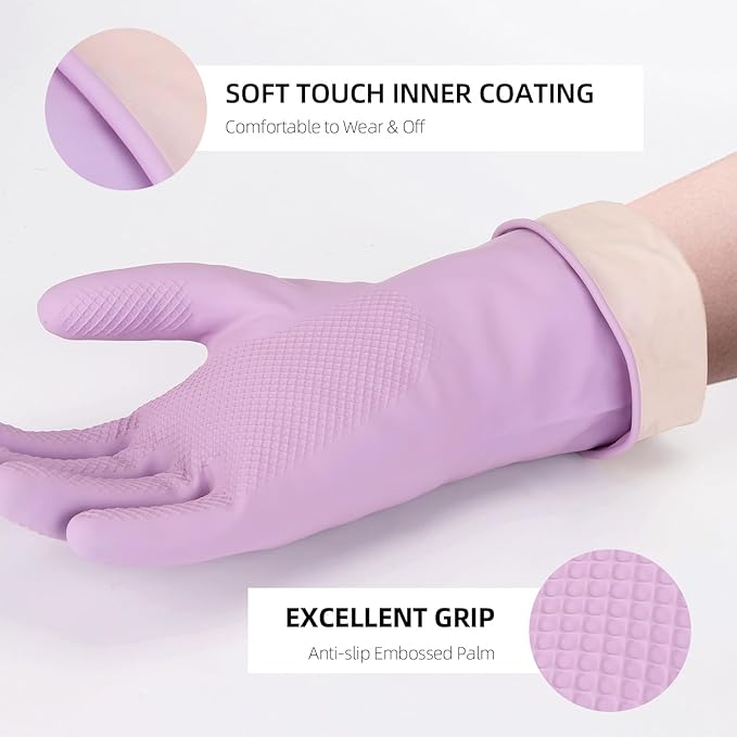 LoveBB 6 Pairs Rubber Cleaning Gloves, Reusable Dishwashing Gloves Non-Slip Kitchen Gloves for Washing Dishes & Household Cleaning- Pink Blue Purple (Medium)