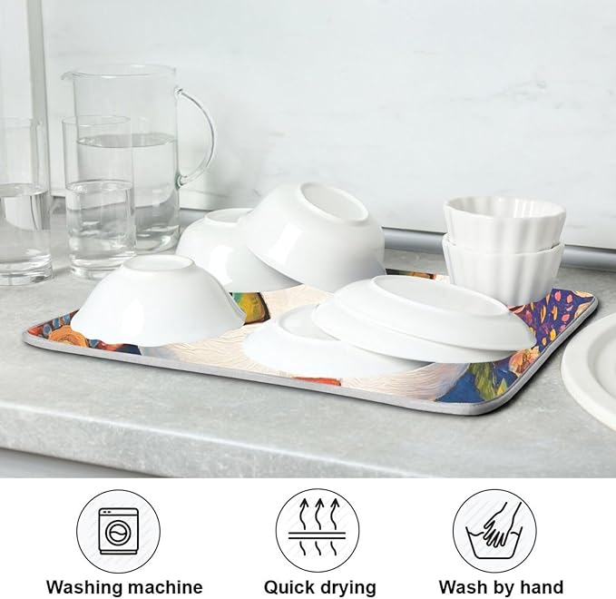 White Cat Colorful Flowers Pattern Dish Drying Mat for Kitchen Counter Super Absorbent Drying Mat 18x24 inch Large Dish Drying Matts for Countertop Protector Dishes Pad