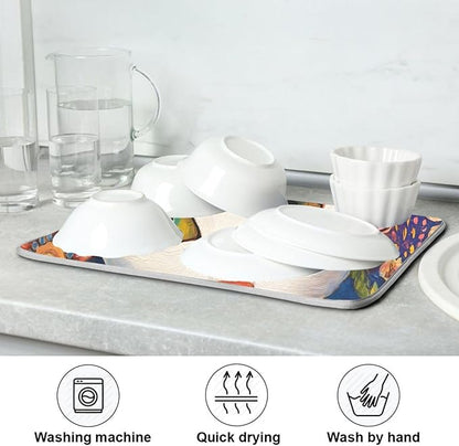 White Cat Colorful Flowers Pattern Dish Drying Mat for Kitchen Counter Super Absorbent Drying Mat 18x24 inch Large Dish Drying Matts for Countertop Protector Dishes Pad