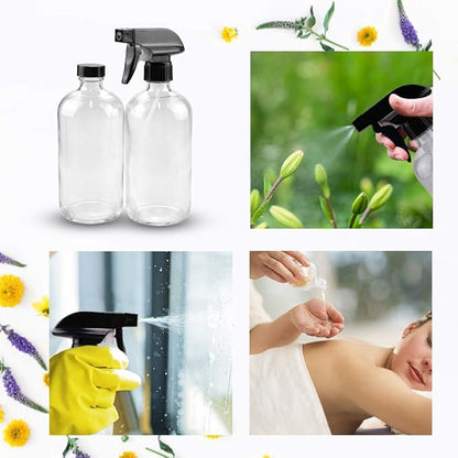 Loretoy Glass Spray Bottle Kit×10 (2×16 oz, 2×4 oz, 6×2 oz), 9×10 ml Roller Bottles, Anti UV, Multi Size and Versatile, Suitable for Aromatherapy, Facial Moisturizing, Watering, etc.(Clear)