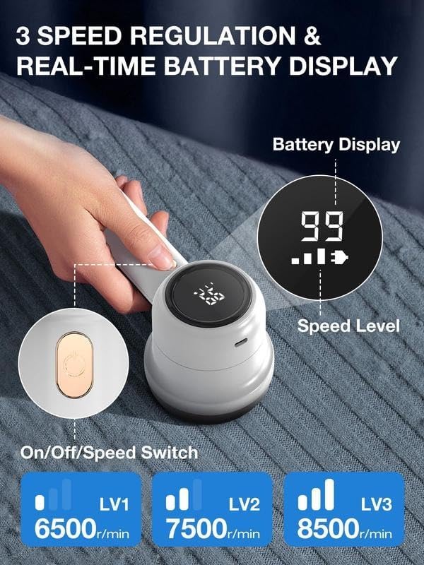 Rechargeable Fabric Shaver Electric Lint Remover with LED Display & Large Capacity Container 3-Settings Control Shaver Easy-to-Grip Handle High-End Color Matching