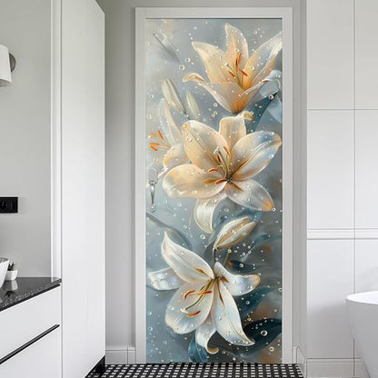 REDAMANCY Modern White Yellow Lily Floral Peel and Stick Door Stickers Vinyl 3D Door Mural Decals Decor Wallpaper Self-Adhesive, Waterproof, Removable