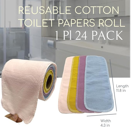 Reusable Toilet Paper Towels 24 Count Roll,Washable Absorbent No Tear Bidet Towels Cotton Cloth,Zero Waste Cleaning Supplies for Bathroom (Solid 4 Colors B)