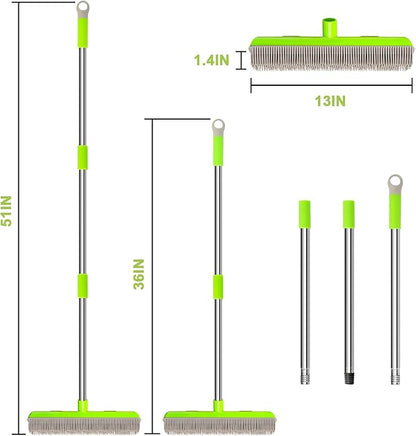 Pet Hair Removal Rubber Broom, Carpet rake with Squeegee for Cleaning Pet Hair, 52 inch Long Handle Rubber Broom,Dual-Sided for Fluff Carpet, Hardwood Floor, Tile,Green
