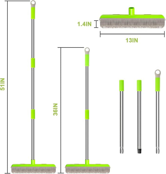 Pet Hair Removal Rubber Broom, Carpet rake with Squeegee for Cleaning Pet Hair, 52 inch Long Handle Rubber Broom,Dual-Sided for Fluff Carpet, Hardwood Floor, Tile,Green