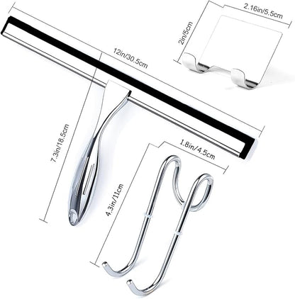 Shower Squeegee, 12 Inch Bathroom Squeegee with Spare Silicone Blade, Shower Door Hook and Adhesive Hook Glass, Stainless Steel Squeegee for Shower Glass Window Bathroom Mirror(12in-Silver-Pack of 1)