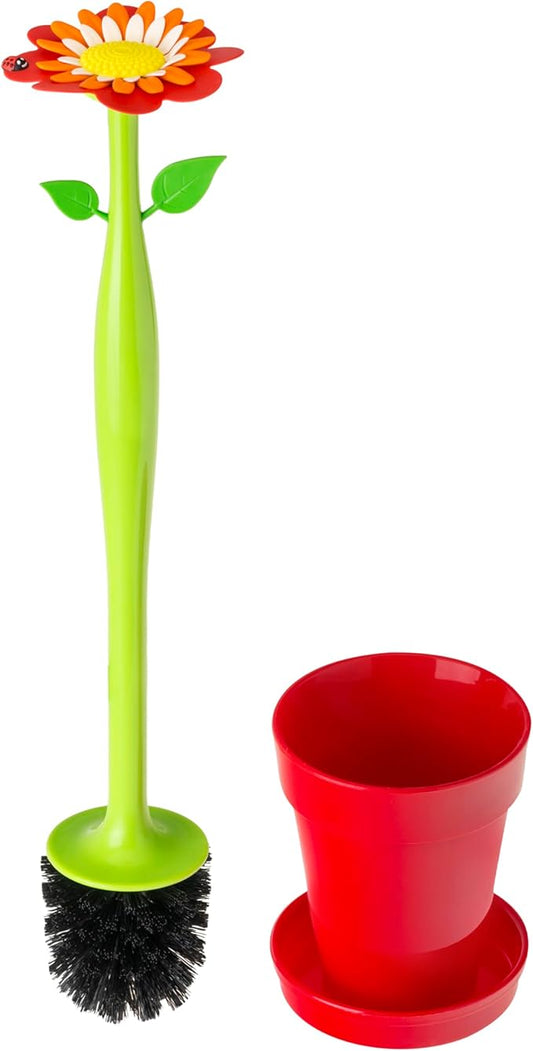 Vigar Flower Power Toilet Brush and Holder Set, Toilet Bowl Cleaner with Daisy-Shaped Handle, Flowerpot Base and Saucer, for House and Bathroom, Red