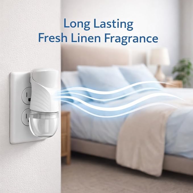 Plug-In Air Freshener Starter Kit with Electric Fragrance Oil Warmer and Linen Inspired Scent Refill, Indoor Plug-In Room Fragrance Device for Home Bathroom Bedroom