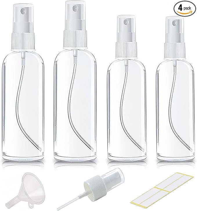 Small Spray Bottle, Clear Empty Mini Travel Plastic Bottle. Premium spray bottles for perfumes and cosmetics. 2 * 1oz, 2 * 1.7oz. (4 Pack)