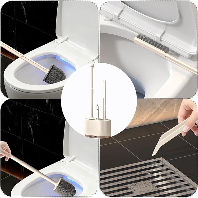 4 in 1 Toilet Cleaner Brush Toilet Bowl Brush and Holder Set Silicone Toilet Brush，Stuff Floor Standing or Wall Mounted Toilet Scrubber Without Drilling (White)