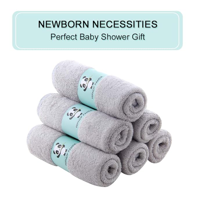 HIPHOP PANDA Baby Washcloths, Rayon Made from Bamboo - 2 Layer Ultra Soft Absorbent Newborn Bath Face Towel - Reusable Baby Wipes for Delicate Skin - Grey, 12 Pack