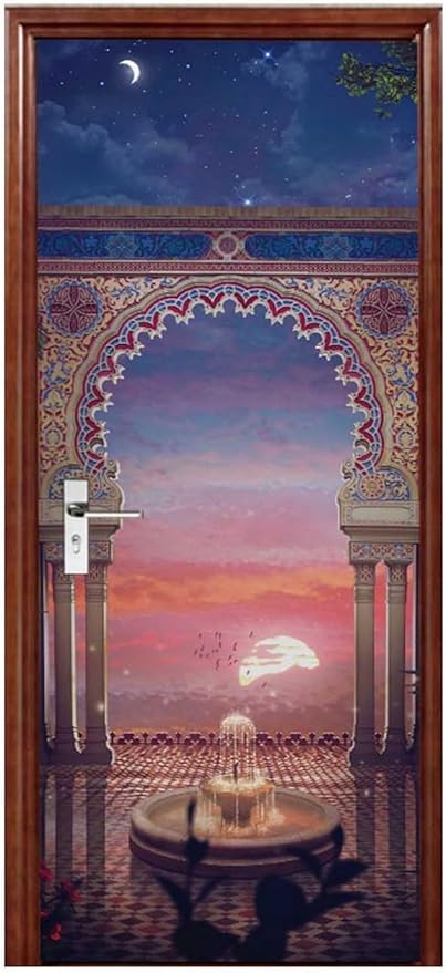 A.Monamour 3D Door Stickers for Interior Doors Balcony View at Sunset with Arabian Interior Design Vinyl Waterproof Self Adhesive Door Mural Decals for Bedroom Office Bathroom 95x215cm
