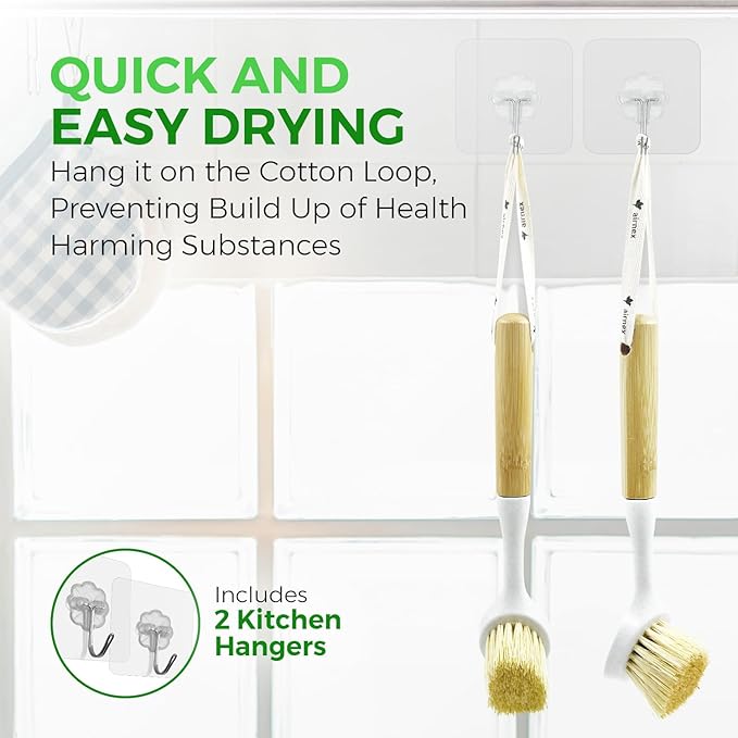 Bamboo Dish Brush Set of 2 - Dishwasher Brush w/Handle Made of Wheat Straw & Sisal Bristles - Non Scratch Kitchen Scrub Brush for Dishes, Pots & Pans - Dish Scrubber w/Plastic Free Bristles