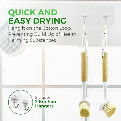 Bamboo Dish Brush Set of 2 - Dishwasher Brush w/Handle Made of Wheat Straw & Sisal Bristles - Non Scratch Kitchen Scrub Brush for Dishes, Pots & Pans - Dish Scrubber w/Plastic Free Bristles