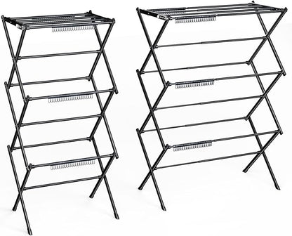 3 Tier Clothes Drying Rack, Foldable Drying Rack Clothing,Indoor & Outdoor Laundry Rack for Drying Clothes,Space-Saving Design, Metal Collapsible Dryer Racks for Laundry,Pure Black