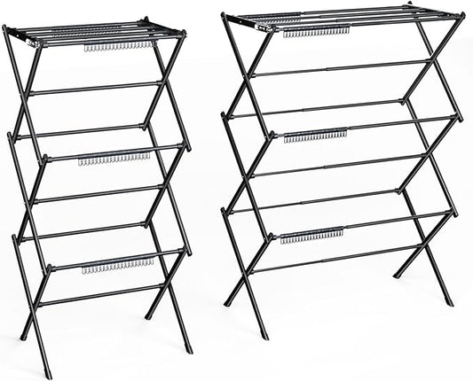 3 Tier Clothes Drying Rack, Foldable Drying Rack Clothing,Indoor & Outdoor Laundry Rack for Drying Clothes,Space-Saving Design, Metal Collapsible Dryer Racks for Laundry,Pure Black