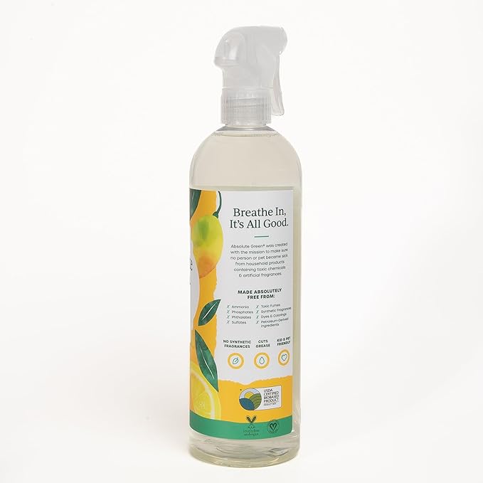 Absolute Green All Purpose Cleaner Spray, Non-Toxic, Kitchen, Bath, Countertop, Stainless, Safe around Kids + Pets, Natural Lemon Scent, 25 oz (1 Pack)