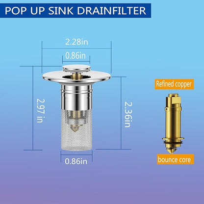 3 in 1 Sink Drain Strainer with Hair Catcher,2PCS Stainless Steel Popup Sink Stopper with Basket for US Bathroom Sink Stopper Replacement,Pop-up Bounce Core Floor Basin Drain Filter