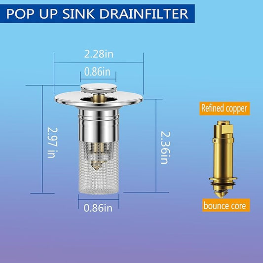 3 in 1 Sink Drain Strainer with Hair Catcher,2PCS Stainless Steel Popup Sink Stopper with Basket for US Bathroom Sink Stopper Replacement,Pop-up Bounce Core Floor Basin Drain Filter