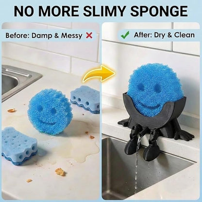Creative Hanging Sponge Holder with Drainage/Traceless Glue, 3D Printing Countertop Funny Sponge Holders for Kitchen Sink, Keeps Your Sponge Dry & Smiling, for Scrub Daddy Holder (1, Black)