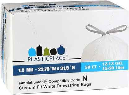 Plasticplace Custom Fit Trash Bags, Compatible with simplehuman Code N (50 Count) White Drawstring Garbage Liners 12-13 Gallon / 45-50 Liters, 22.5" x 31.5"