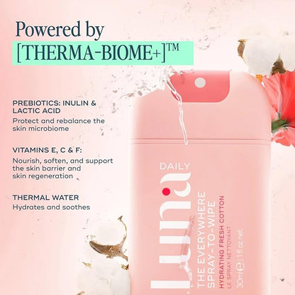 Luna Daily Spray to Wipe - Trio | Hydrating, Fragrance-Free & Original Feminine Mist | pH-Balanced, Natural Prebiotic Spray with Lactic Acid | Vegan, Plant-Based | Travel Set - 3 x 1 oz (30ml)