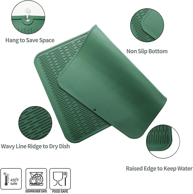 MicoYang Silicone Dish Drying Mat for Multiple Usage,Easy clean,Eco-friendly,Heat-resistant Silicone Mat for Kitchen Counter or Sink,Refrigerator or Drawer Liner Green 3XL 28 inches x 18 inches