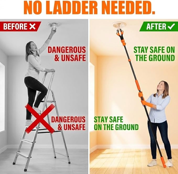 Light Bulb Changer for High Ceilings Up to 20FT, 10PCS Extension Pole Kit with 360° Swivel Head Bulb Grabber, Ceiling Fan Duster & Window Cleaner – No Ladder Needed