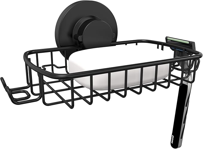 Soap Dish for Shower Suction Cup Powerful Vacuum System Rustproof 304 Stainless Steel Basket Sponges Holder with Razor Hooks for Bathroom or Kitchen Soap Holder (Black)