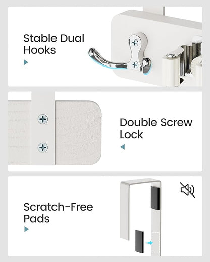 HULISEN Broom Holder Door Mount, Over the Door Broom and Mop Holder with 0.6" Thick Pads, Wood Mop Organizer Tool Hanger with 4 Racks & 2 Hooks for Laundry Cabinet Kitchen Garage, No Drills