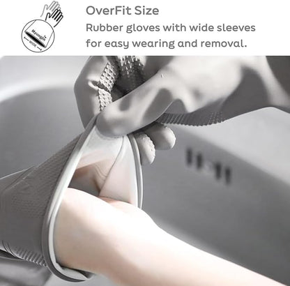 Myungjin 2 Pairs Reusable Waterproof Non-Slip Honeycomb Grip Latex Rubber Gloves with Hang-Dry Hooks/Hanging Loops for Dishwashing Household Cleaning Cooking (Large OverFit)