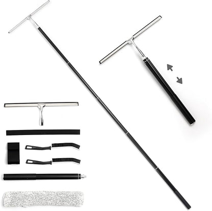 16.7“- 59.5" Long Handle Window Squeegee with Extension Pole, 12.4" Wide Metal Shower Squeegee for Glass Doors, 2-in-1 Squeegee for Home Window Cleaning, Tile Wall, Car (Silver)