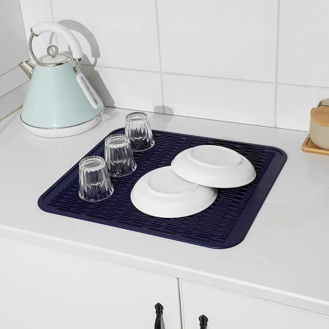 MicoYang Silicone Dish Drying Mat for Multiple Usage,Easy clean,Eco-friendly,Heat-resistant Silicone Mat for Kitchen Counter or Sink,Refrigerator or Drawer Liner Navy Blue XL 18 inches x 16 inches