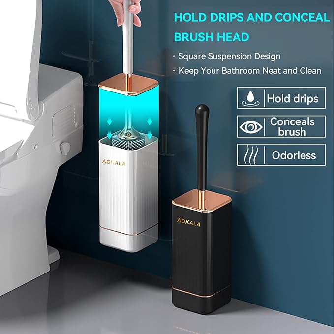 Toilet Brush and Holder, Elegant 2 Pack Silicone Toilet Bowl Brush Set with Ergonomic Long Handle, Modern Bathroom Decor Cleaning Accessories, Durable, Deep Cleaning - Black & White