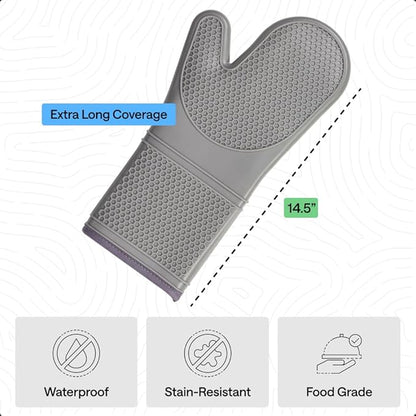 GORILLA GRIP BPA-Free Soft Silicone Oven Mitts, 14.5x8.3, Heat Resistant and Waterproof Cooking Gloves, Thick Cotton Lining, Flexible Gripping for Baking Grilling, Kitchen Potholders Set of 2, Gray