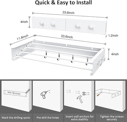 Drying Rack Clothing,Clothes Drying Rack Wall Mounted,Laundry Drying Rack Wall Mount,Foldable,Collapsible,60 lb Capacity 5 Aluminium Poles with 6 Hooks (White, 23.6'')
