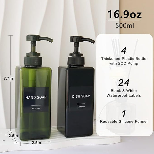 Soap Dispenser with Waterproof Labels, Thickened Plastic Hand Soap Dispenser for Bathroom, Kitchen Dish Washing Liquid Bottles, Shampoo and Conditioner Bottles with Funnel (16oz 4Pack Black Green)